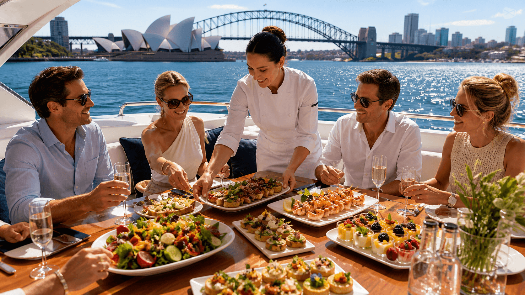 Colorful buffet of salads, seafood, and vegan dishes arranged on a sunlit boat deck by the water.