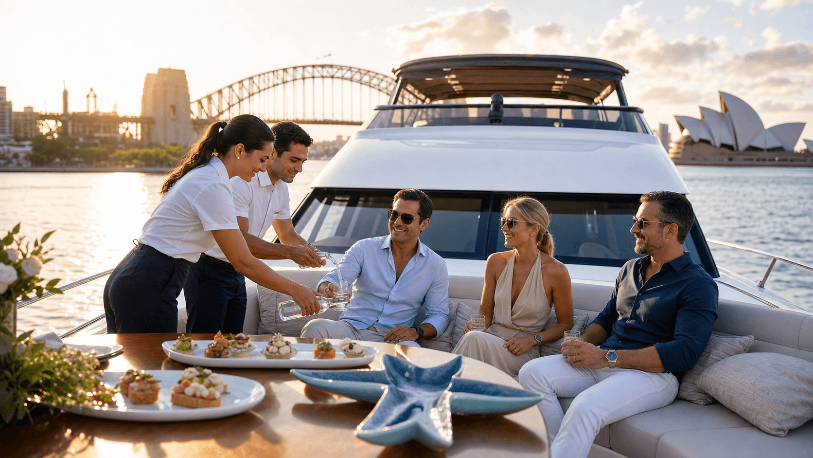 Sunlit Sydney Harbour with cruise boats on blue water, Opera House and Harbour Bridge on the horizon.