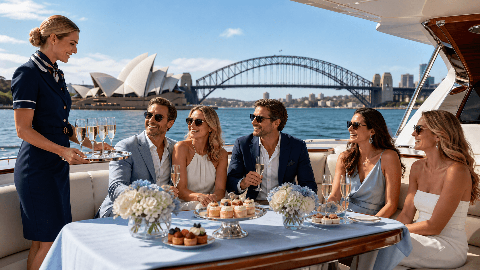 Luxury yacht glides past Sydney Opera House and Harbour Bridge at sunset, with champagne glasses on deck.