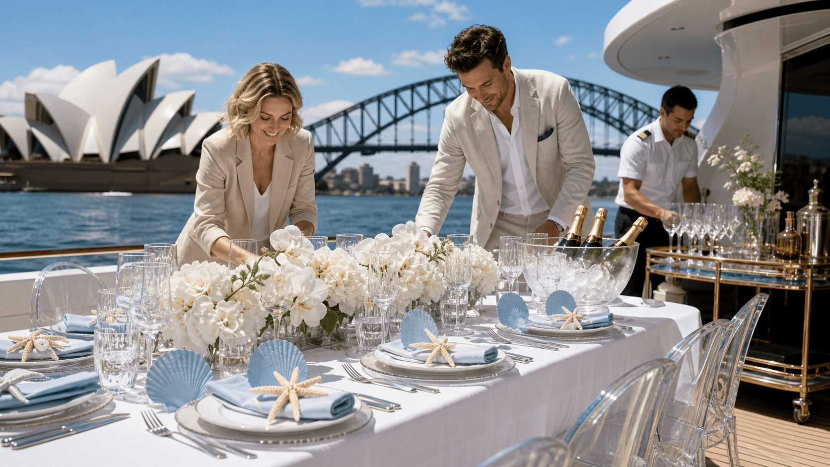 Elegant white yacht at sunset on Sydney Harbour, deck set with gold accents, candles, and floral arrangements