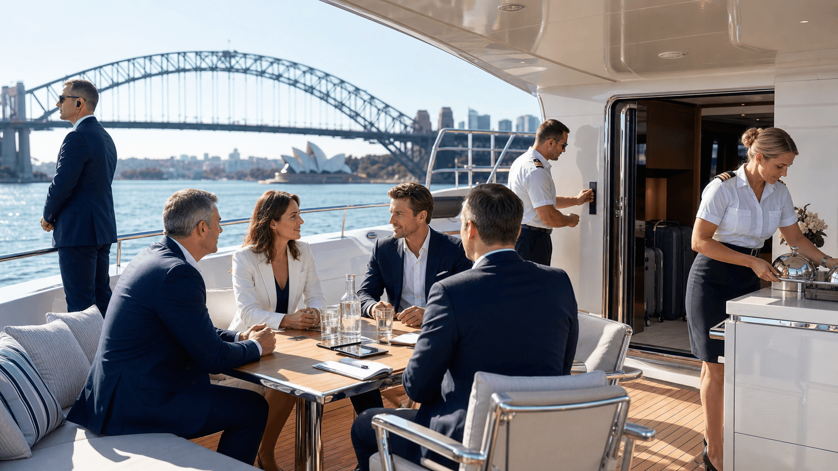 Luxury yacht on Sydney Harbour at sunset, skyline and Harbour Bridge in background, warm golden light on water