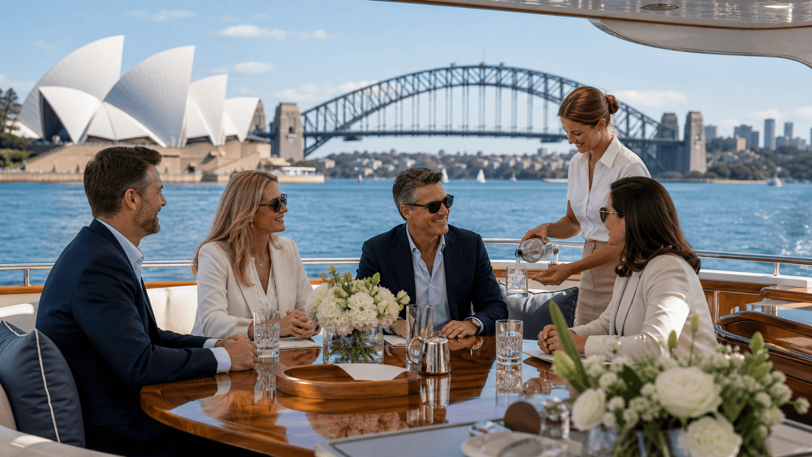 Business executives meet aboard a luxury yacht on Sydney Harbour at sunset, with the Opera House in the background.