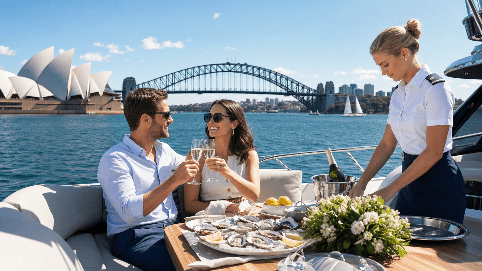Sunset view of Sydney Opera House and Harbour Bridge with a cruise boat on calm water and golden sky