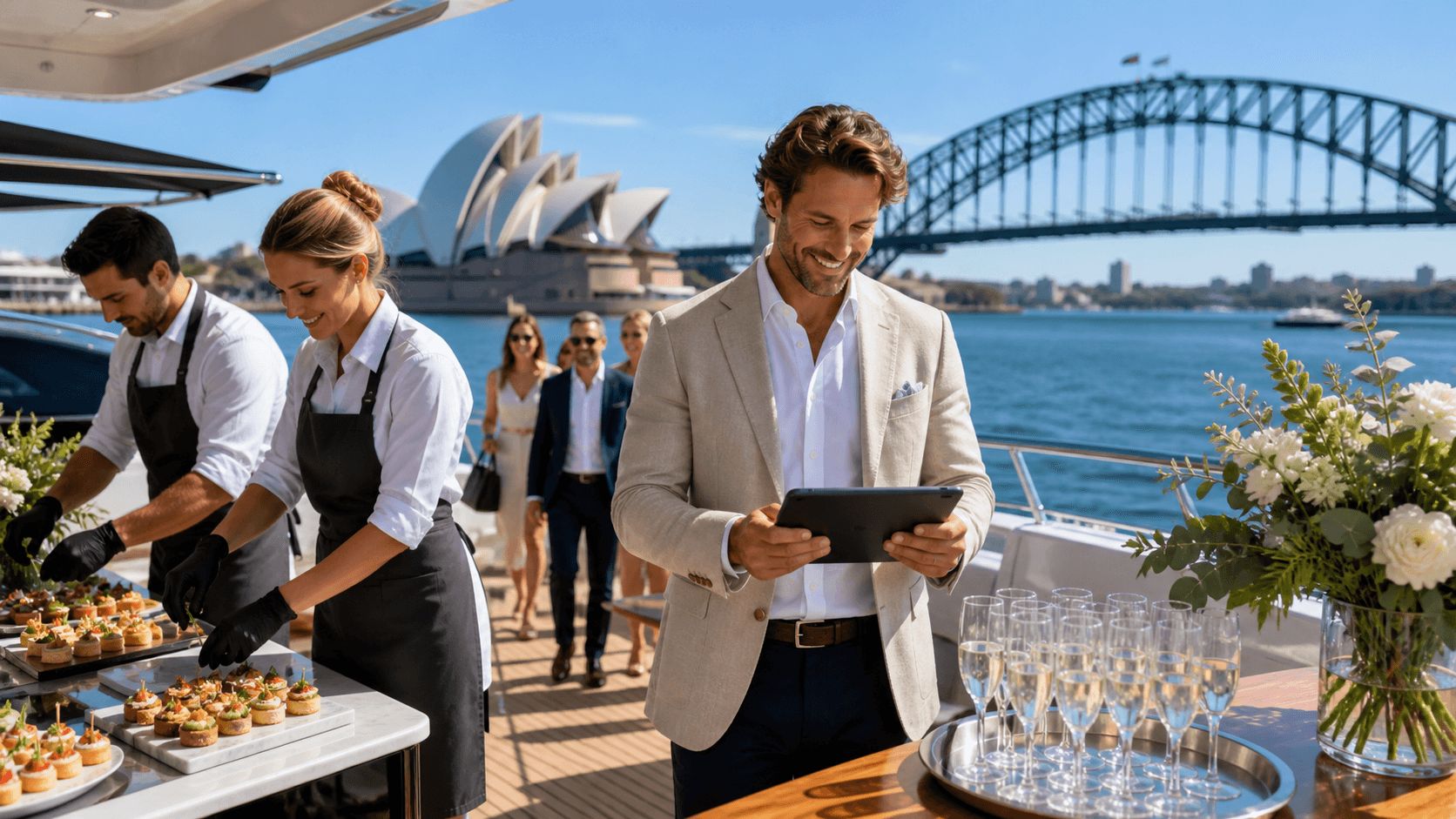 Sunlit Sydney Harbour cruise boat with party guests, city skyline, blue water, and colorful event graphics.