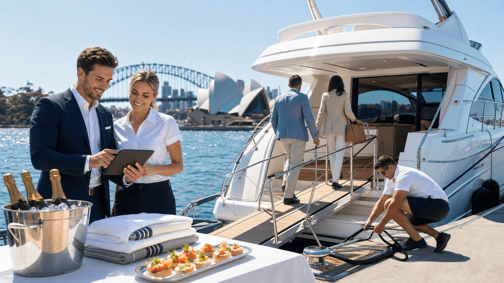 Sunset view of Sydney Opera House and Harbour Bridge with a white yacht gliding on golden water.