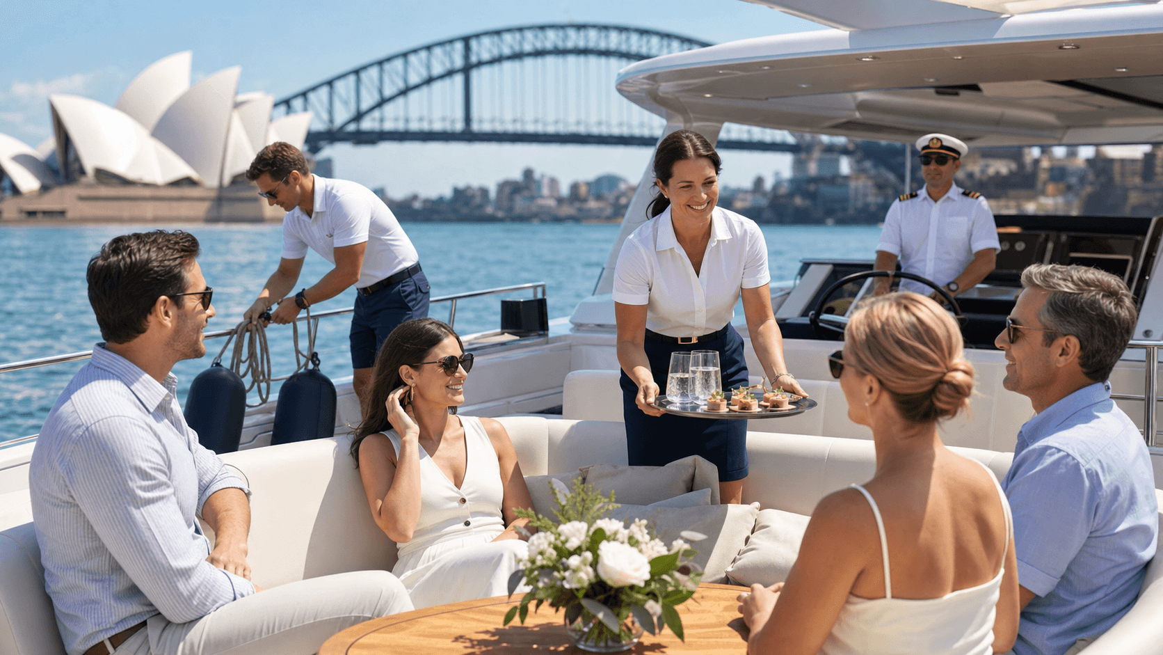 Sunlit white yacht on Sydney Harbour with crew in navy uniforms serving drinks, Opera House in background.